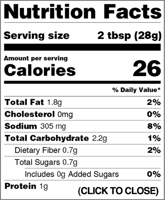 Nutrition facts: serving size: 2 tbsp (28g); amount per serving: calories: 26; total fat: 1.8g (2% dv) cholesterol 0 mg; sodium: 305 mg (8% dv); total carbohydrate: 2.2g (1% dv); dietary fiber: 0.7 g (2% dv); total sugars: 0.7 g; includes 0g added sugars; protein: 1g