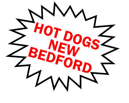 a burst with text that says hot dogs new bedford